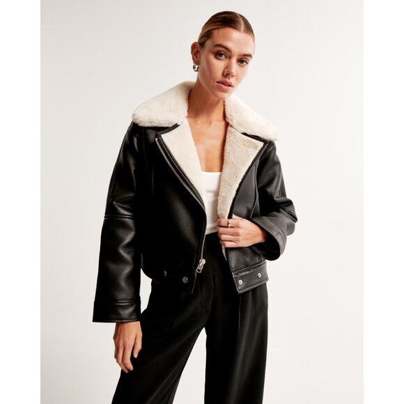 Abercrombie & Fitch Black Vegan Leather Jacket With White Faux Shearling Collar - Picture 1 of 13